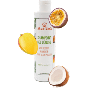 Shampooing gel douche naturel à la noix de coco, mangue et fruit de la passion.